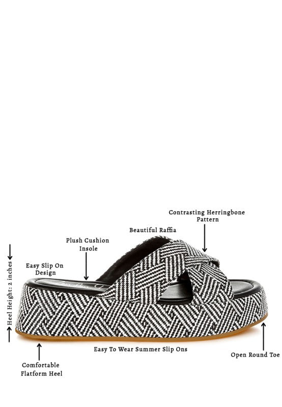Raffia Flatform Slip Ons: Hahnentrittmuster, gepolsterte Einlegesohle, Slip-On, offener Zeh