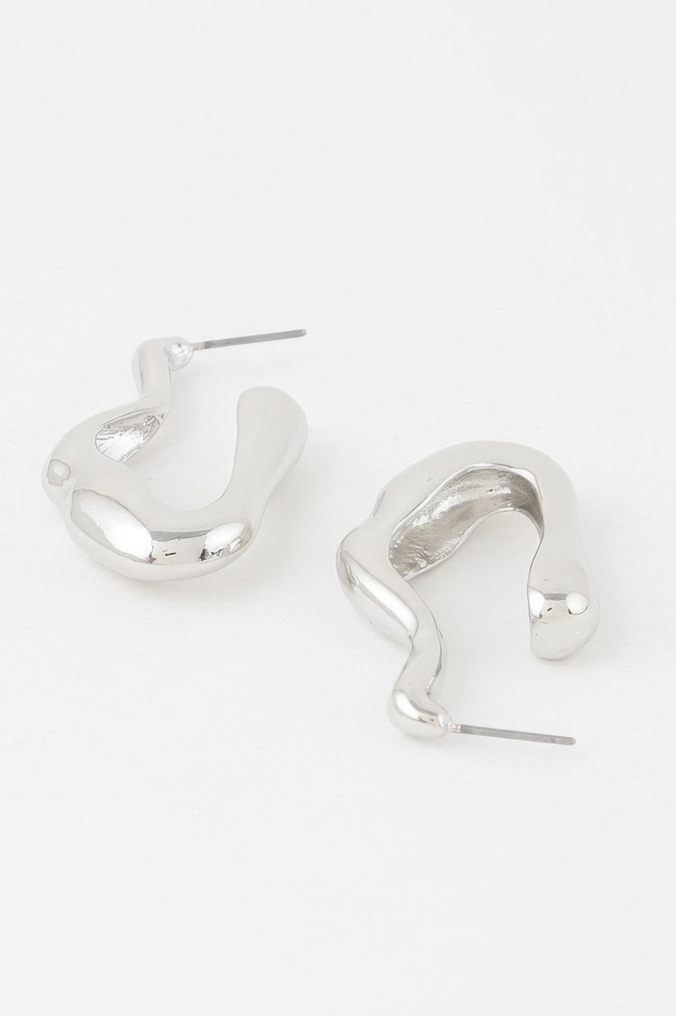 Molten Hoop Earrings, silver-tone curved open hoops with glossy finish