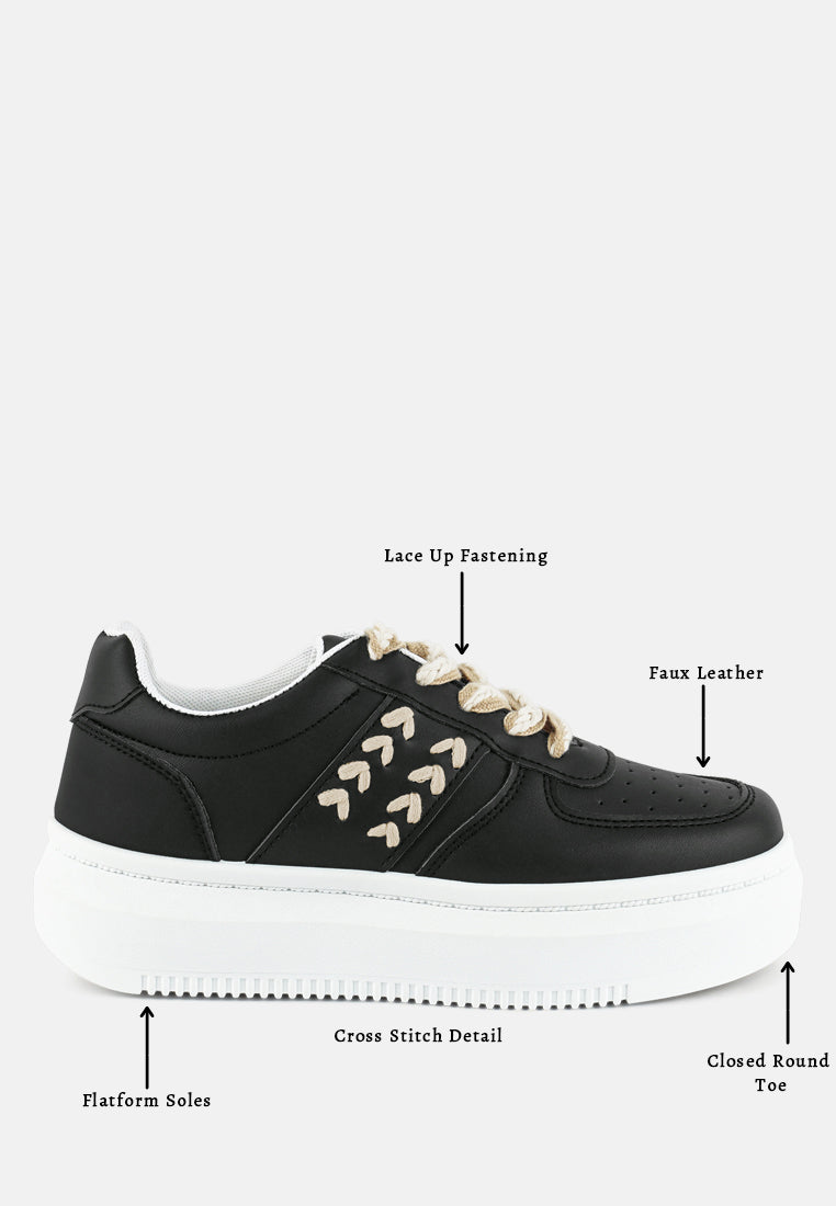 Monigue Faux Leather Cross Stitch Detail Sneakers - Tigbul's Variety Fashion Shop