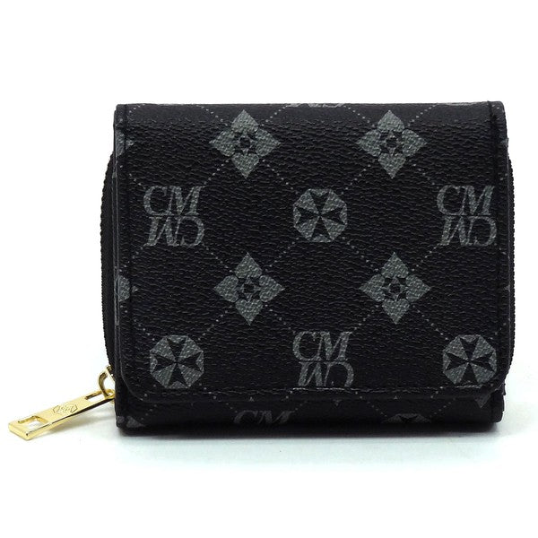 Monogram Tri-fold Wallet mit Druckknopf-Optik vorne, schwarz, goldener Reißverschluss