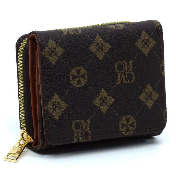 Monogram Tri-fold Wallet, braun mit goldenen Akzenten, Frontmuster mit Reißverschluss
