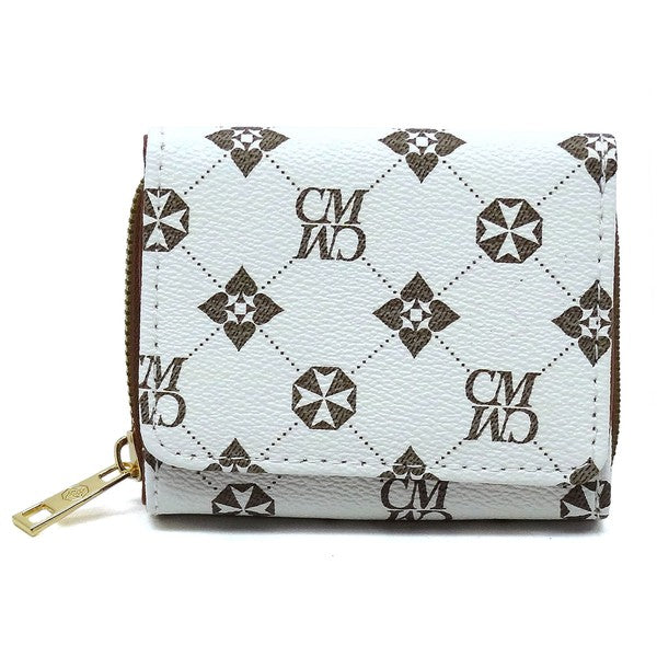 Monogram Tri-fold Wallet, helle Oberfläche mit dunklem Monogramm-Muster, goldener Reißverschluss