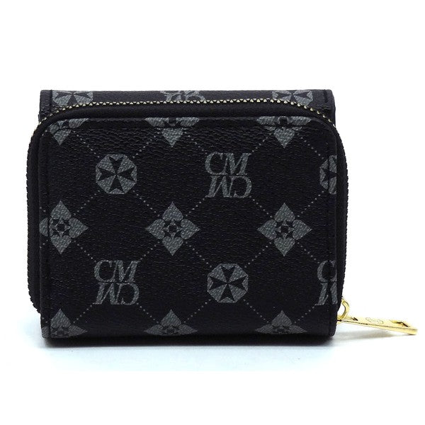 Monogram Tri-fold Wallet, schwarz, Seitenansicht mit Allover-Muster und Reißverschluss