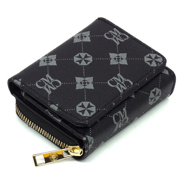 Monogram Tri-fold Wallet, schwarz mit Allover-Muster, geöffnet wirkend mit goldener Zipper