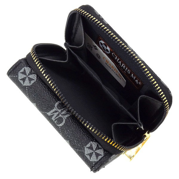 Monogram Tri-fold Wallet innen, schwarzes Innenfutter, goldener Reißverschluss und Kartenfächer
