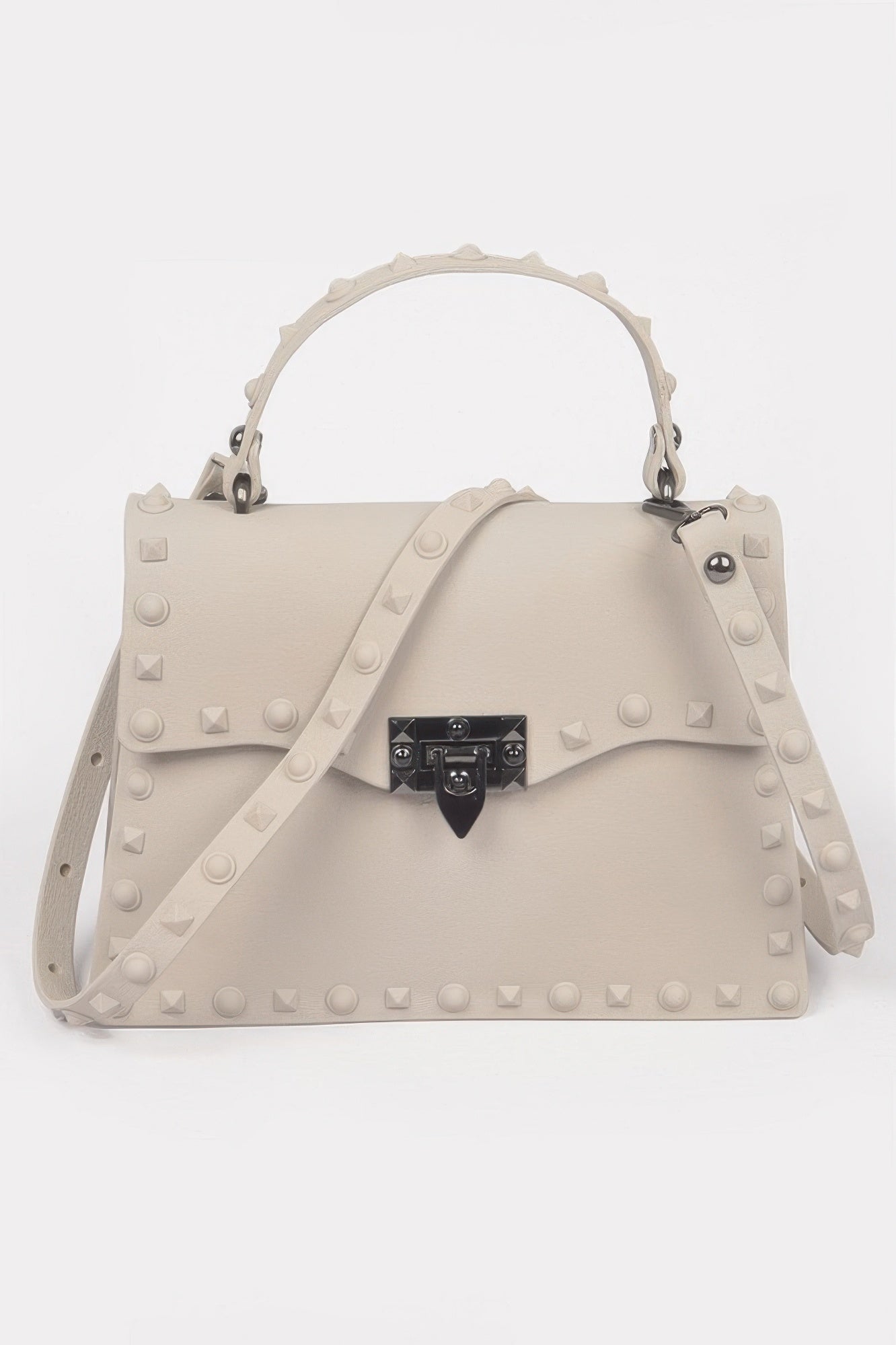 Monotone studded clutch in light gray with black gem-lock clasp and adjustable strap