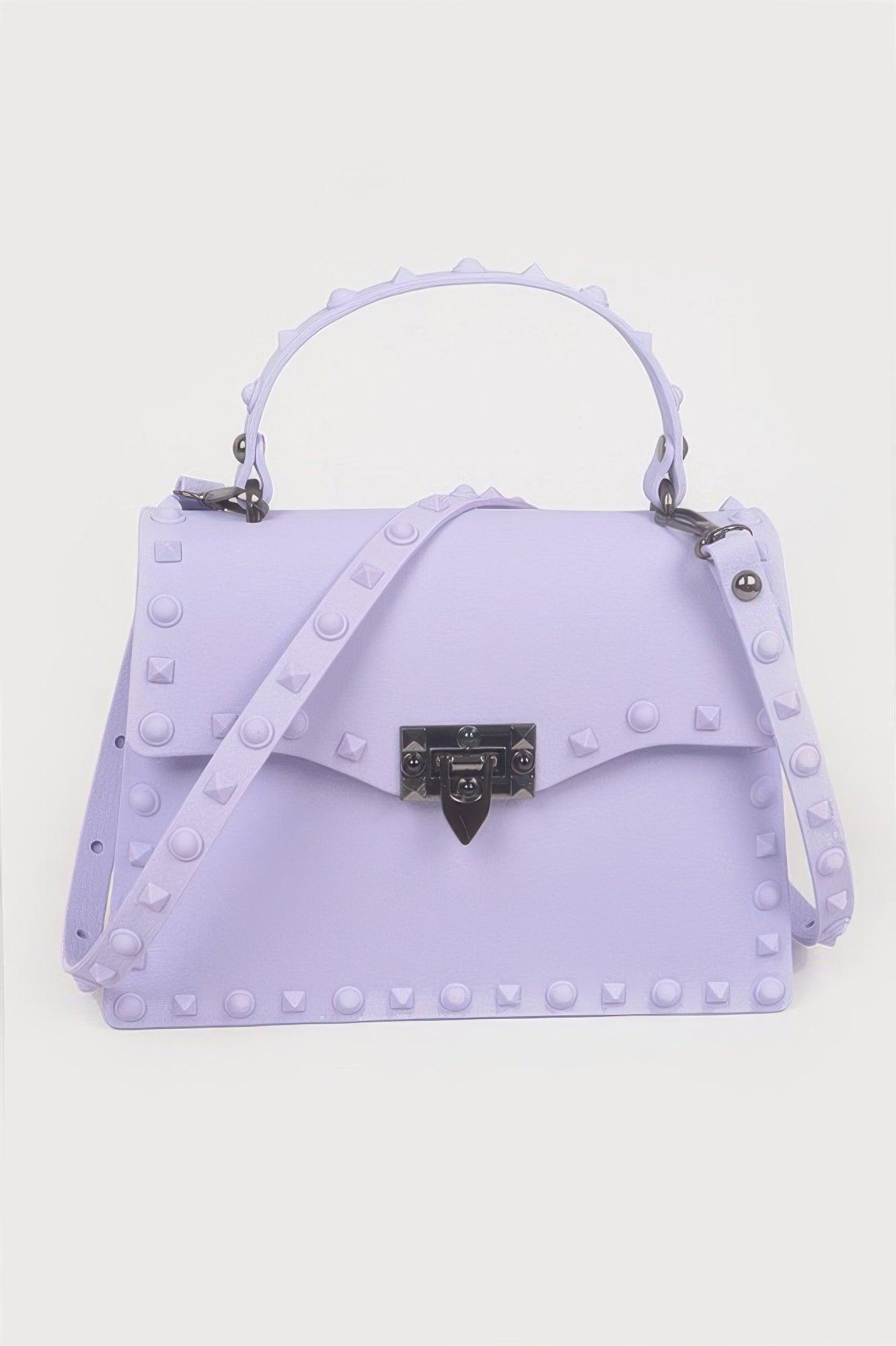 Monotone studded clutch in lavender with black gem-lock clasp and studded shoulder strap