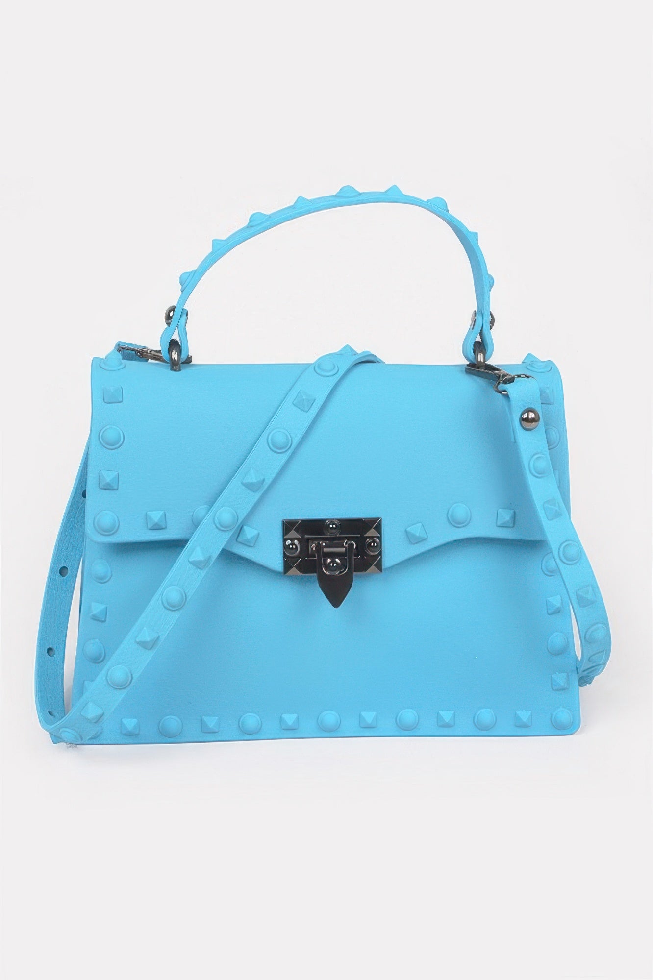 Monotone studded clutch in turquoise blue with black gem-lock clasp and studded strap