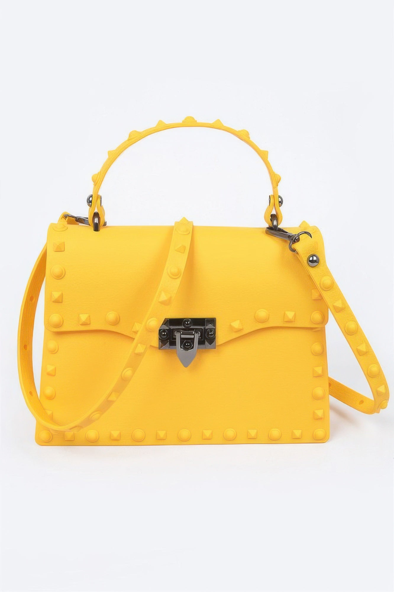 Monotone Studded Clutch in yellow with top handle, studded texture, front clasp