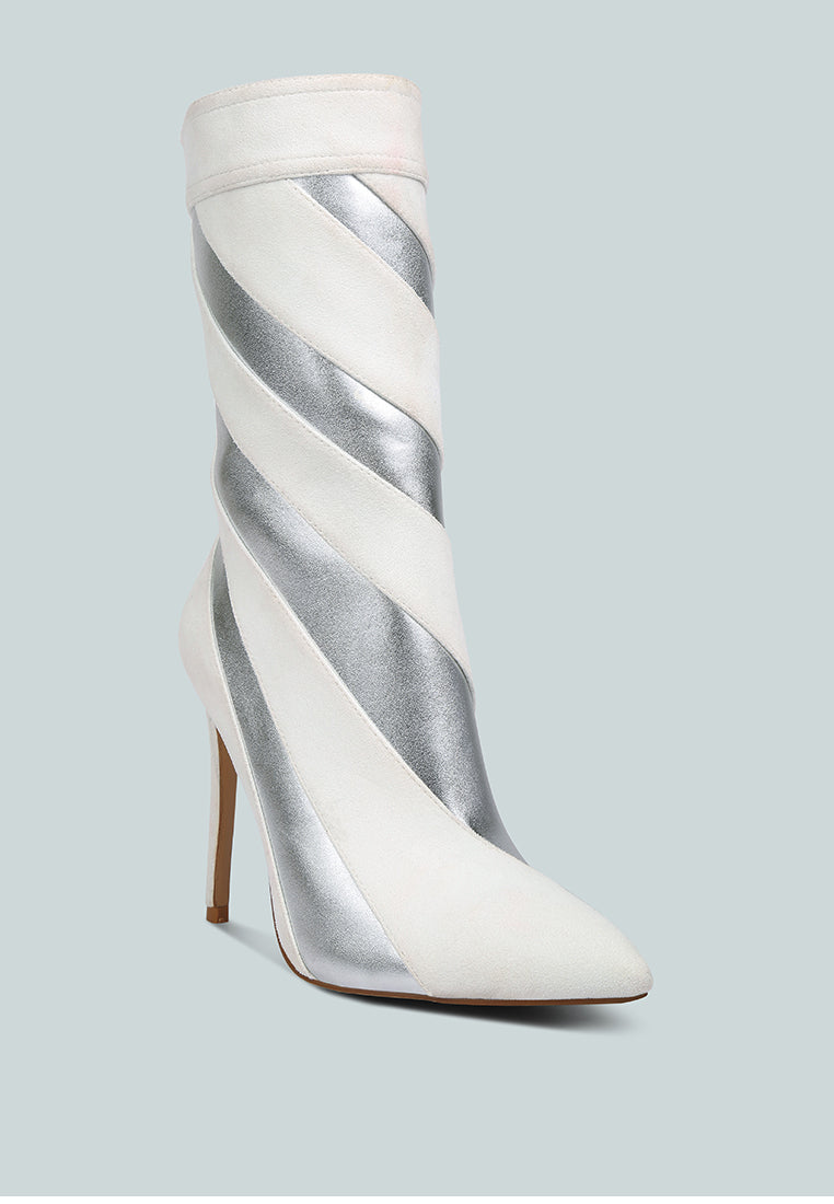 White ankle stiletto boots with silver diagonal panels and slender heel