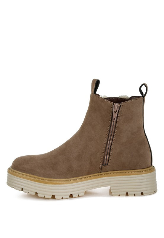 Taupe suede-look ankle boot with faux fur trim and side zipper