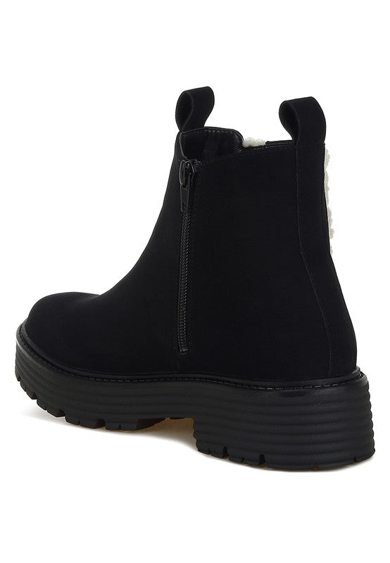 Mothman faux fur detail chunky ankle boots, black side view with elastic gore