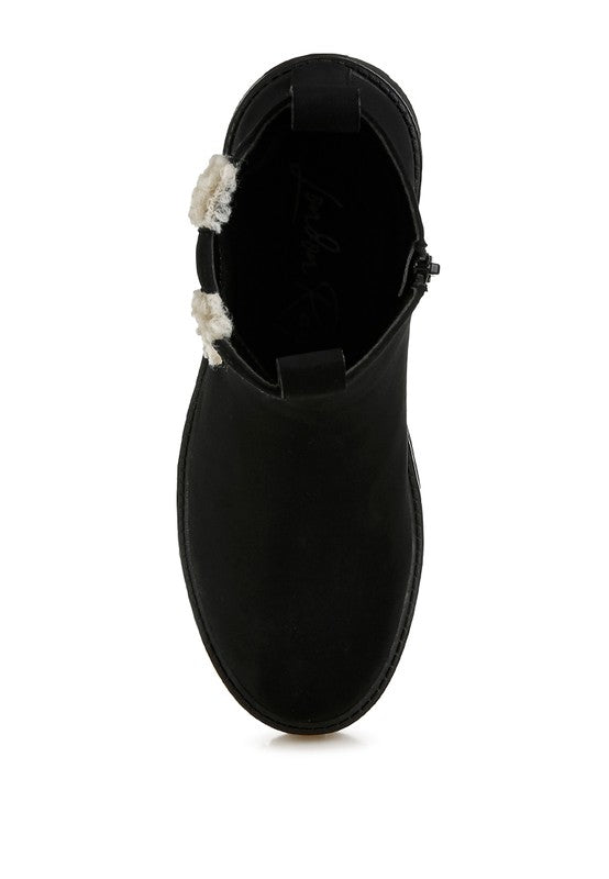 Mothman faux fur detail chunky ankle boots, black interior opening and side zipper tab