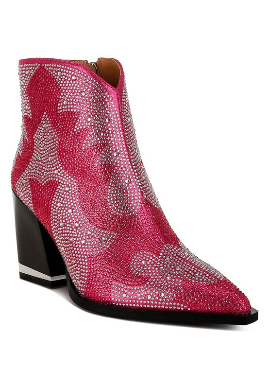 Fuchsia rhinestone ankle boots with side pull tab, block heel, pointed toe