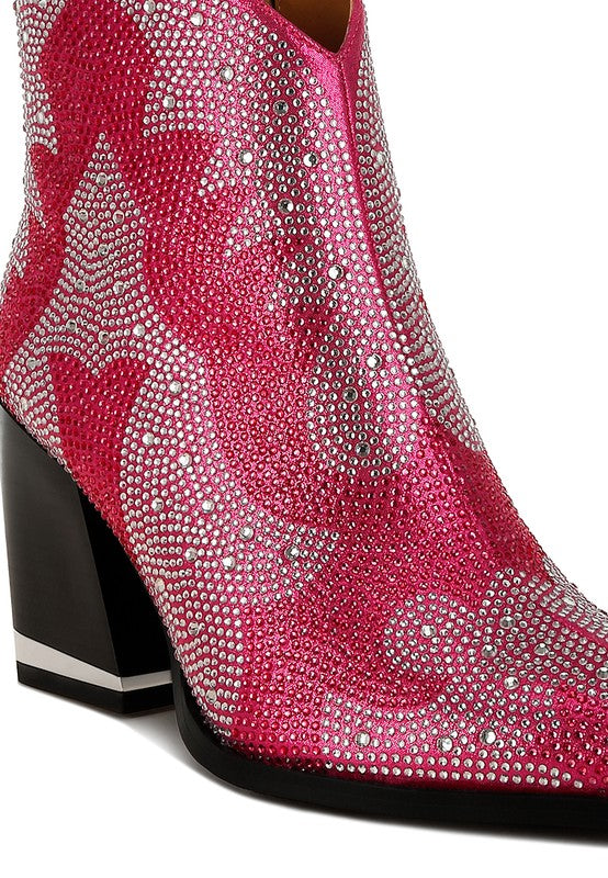Fuchsia rhinestone ankle boots with detailed sparkle pattern, block heel