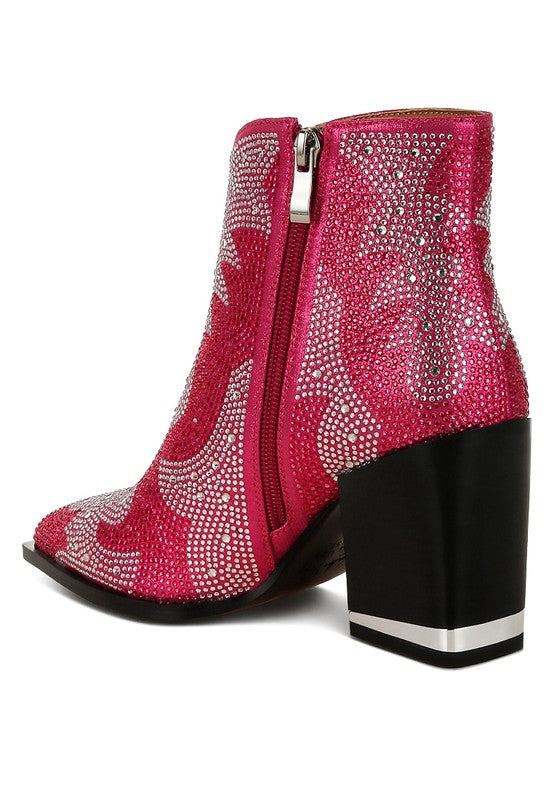 Fuchsia rhinestone ankle boots with front zipper and block heel