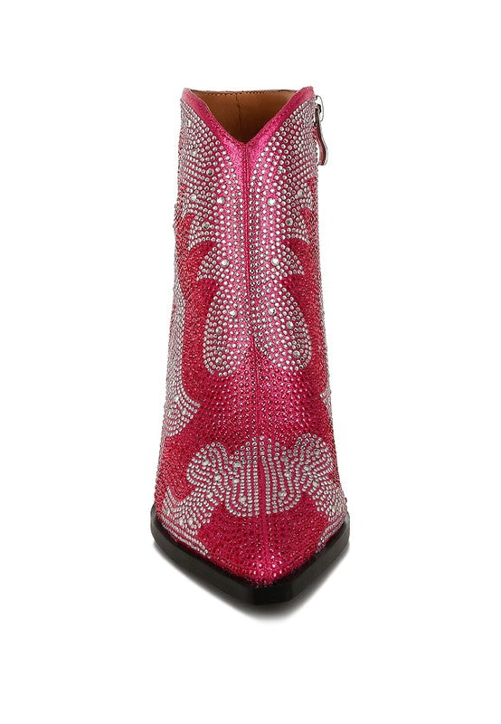 Fuchsia rhinestone ankle boots from back, pull-on style, block heel