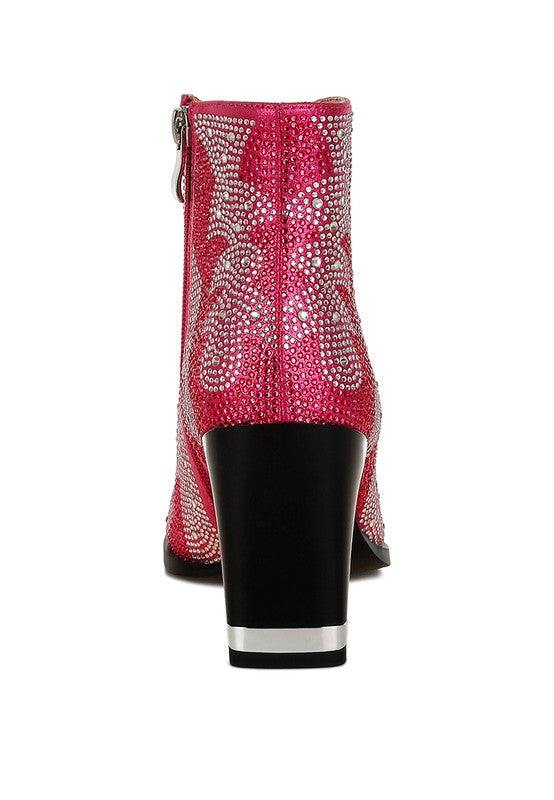 Fuchsia rhinestone ankle boots with black heel and silver trim at sole