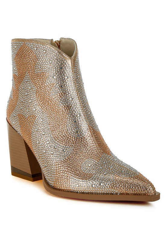 Gold rhinestone ankle boots with side pull tab, block heel, pointed toe