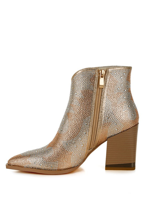 Gold rhinestone ankle boots with front zipper and block heel