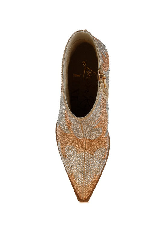 Gold rhinestone ankle boots pointed toe with inner lining visible