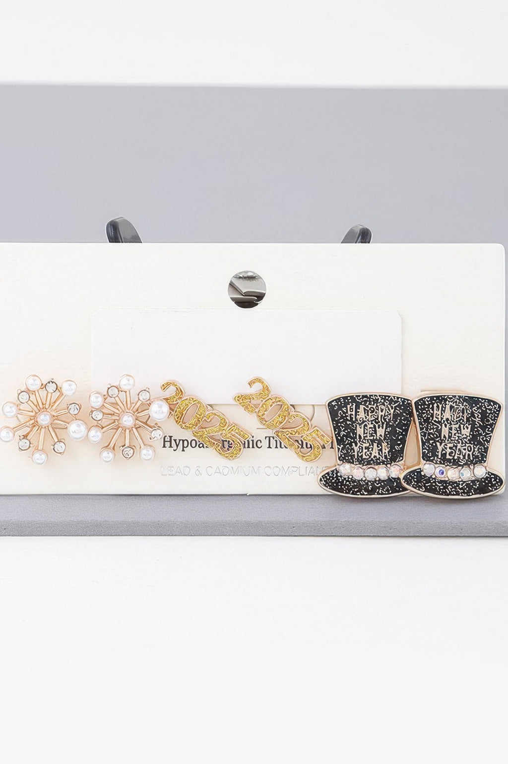New Year 2025 earrings set: pearl snowflake, gold 2025 charm, black top hats