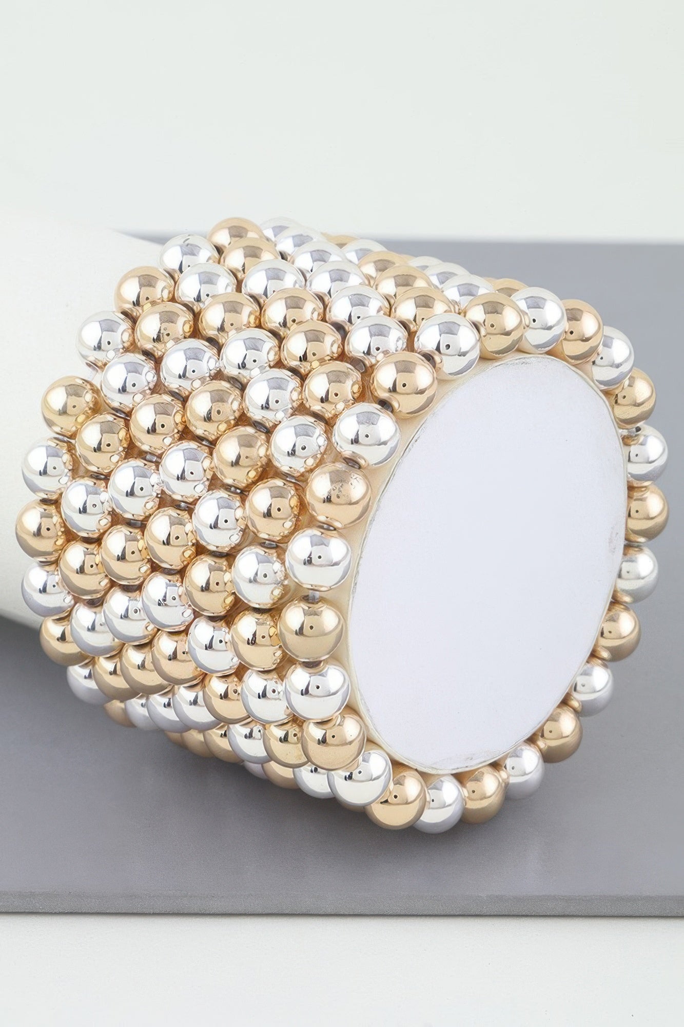 Multi Beaded Cuff Bracelet, mixed gold and silver tone bead rows