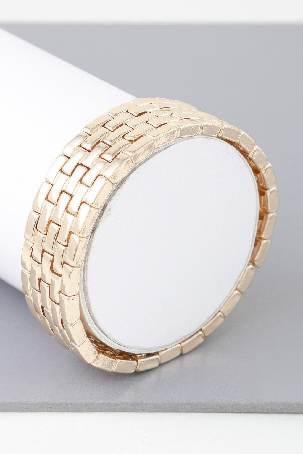 Gold multi box chain bracelet with woven square links, hinged oval cuff