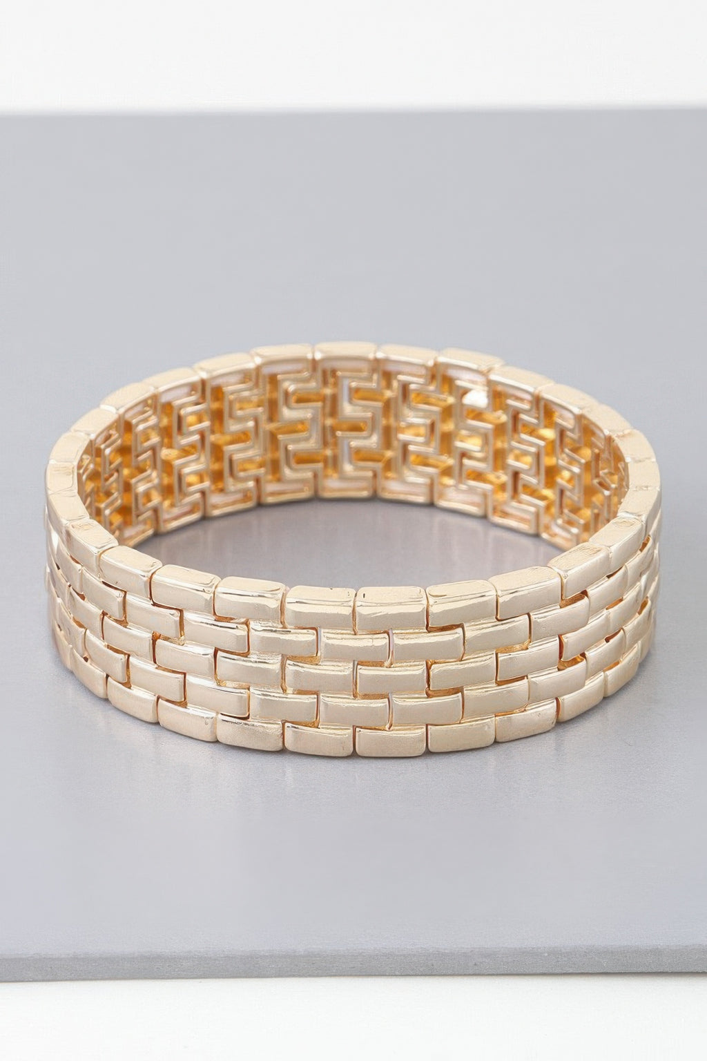 Gold wide multi box chain cuff bracelet, interlocking square link rows