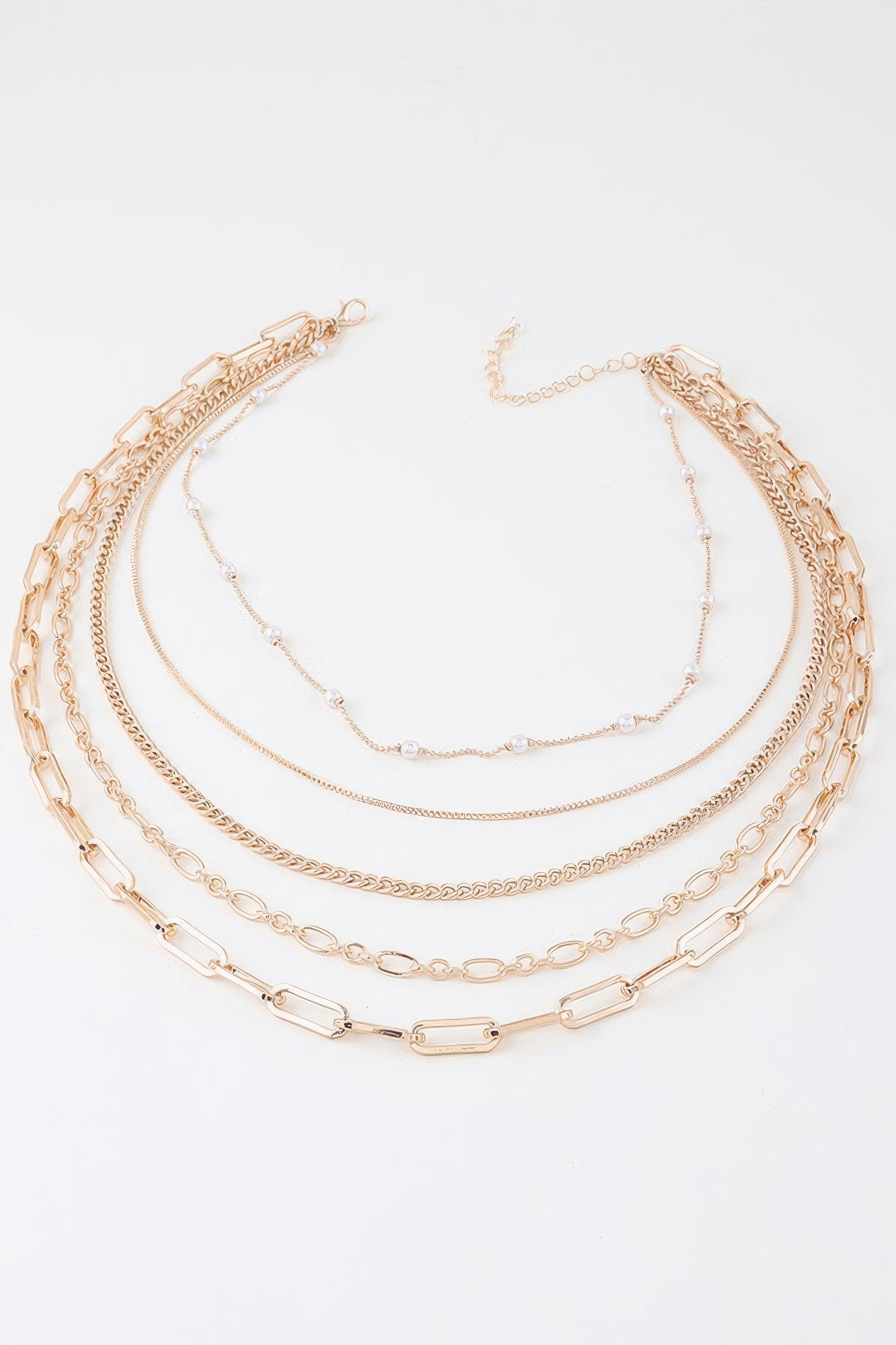 Gold-tone multi-chain necklace set with five chain lengths and small pearl-like beads