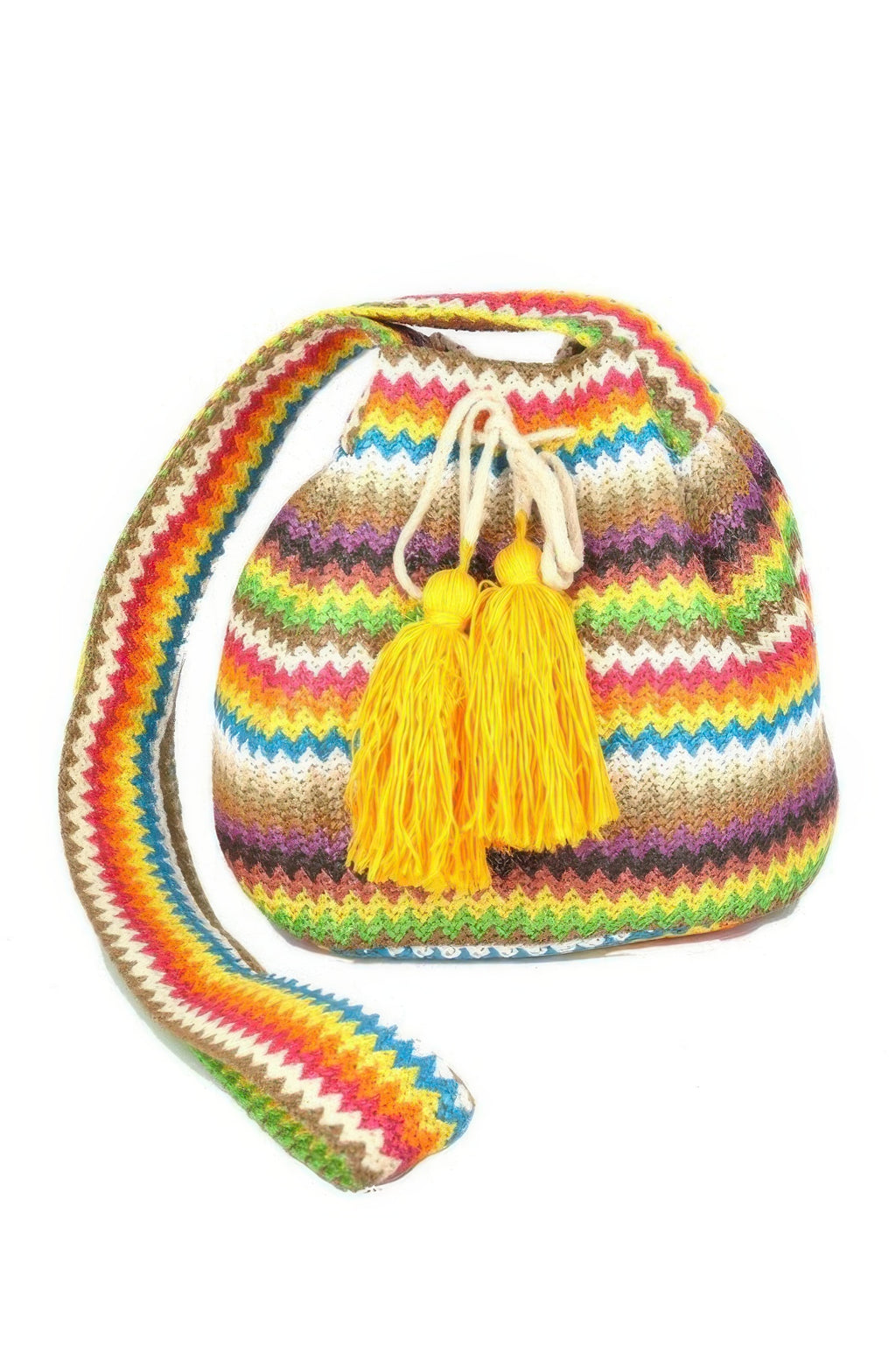 Multicolor chevron bucket bag with yellow tassel and drawstring top