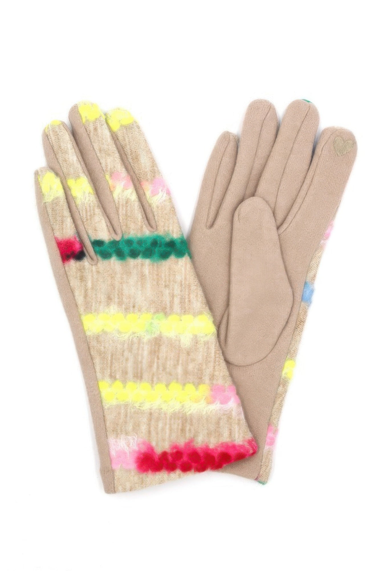 Beige Strickhandschuhe mit mehrfarbigem Streifenmuster und Touchscreen-Spitzen