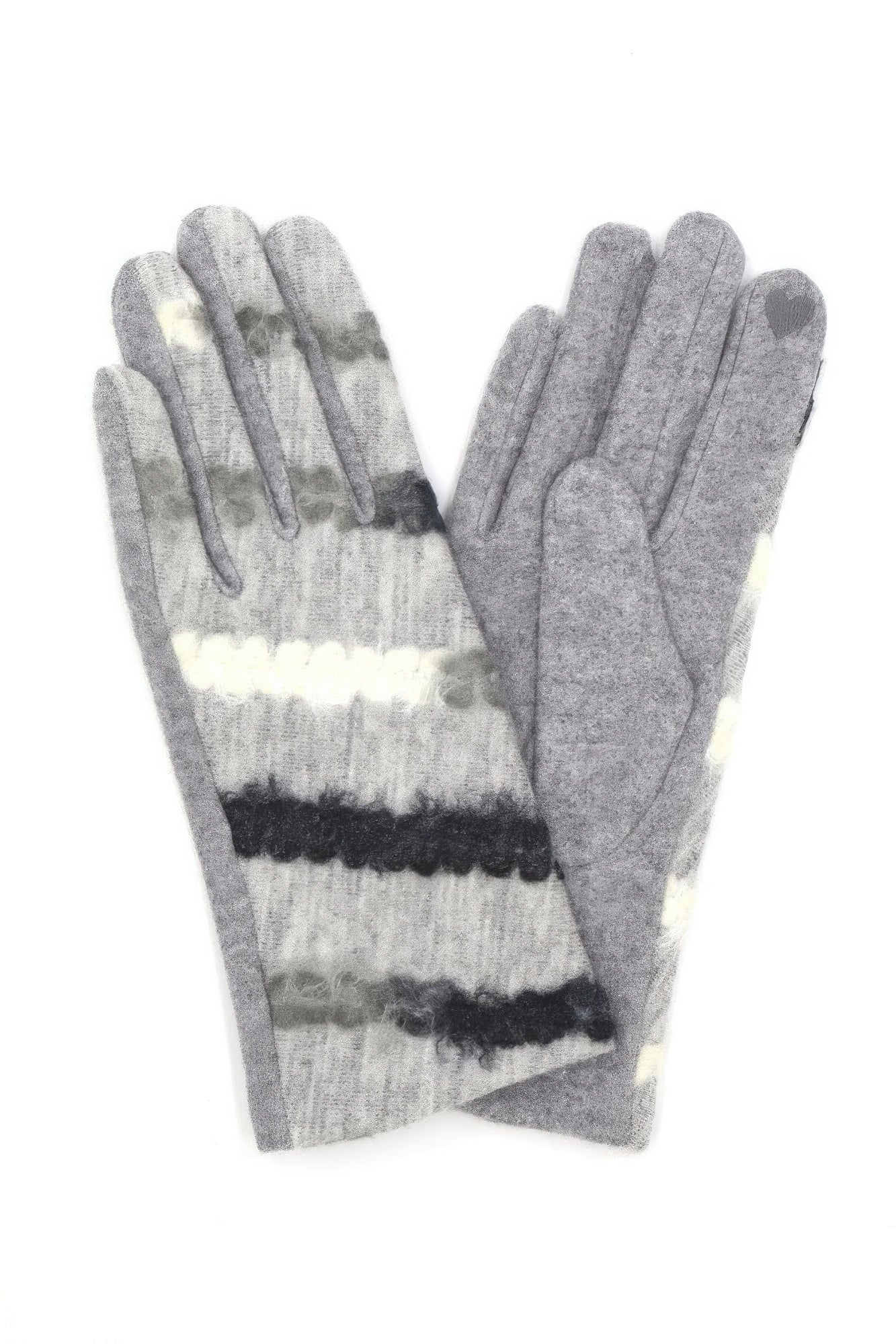 Graue Strickhandschuhe mit hellem und dunklem Streifenmuster, Touchscreen