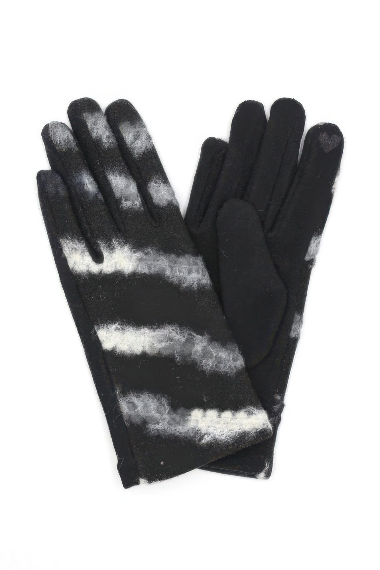 Schwarze Handschuhe mit weißem Streifenmuster und Touchscreen-Fingern