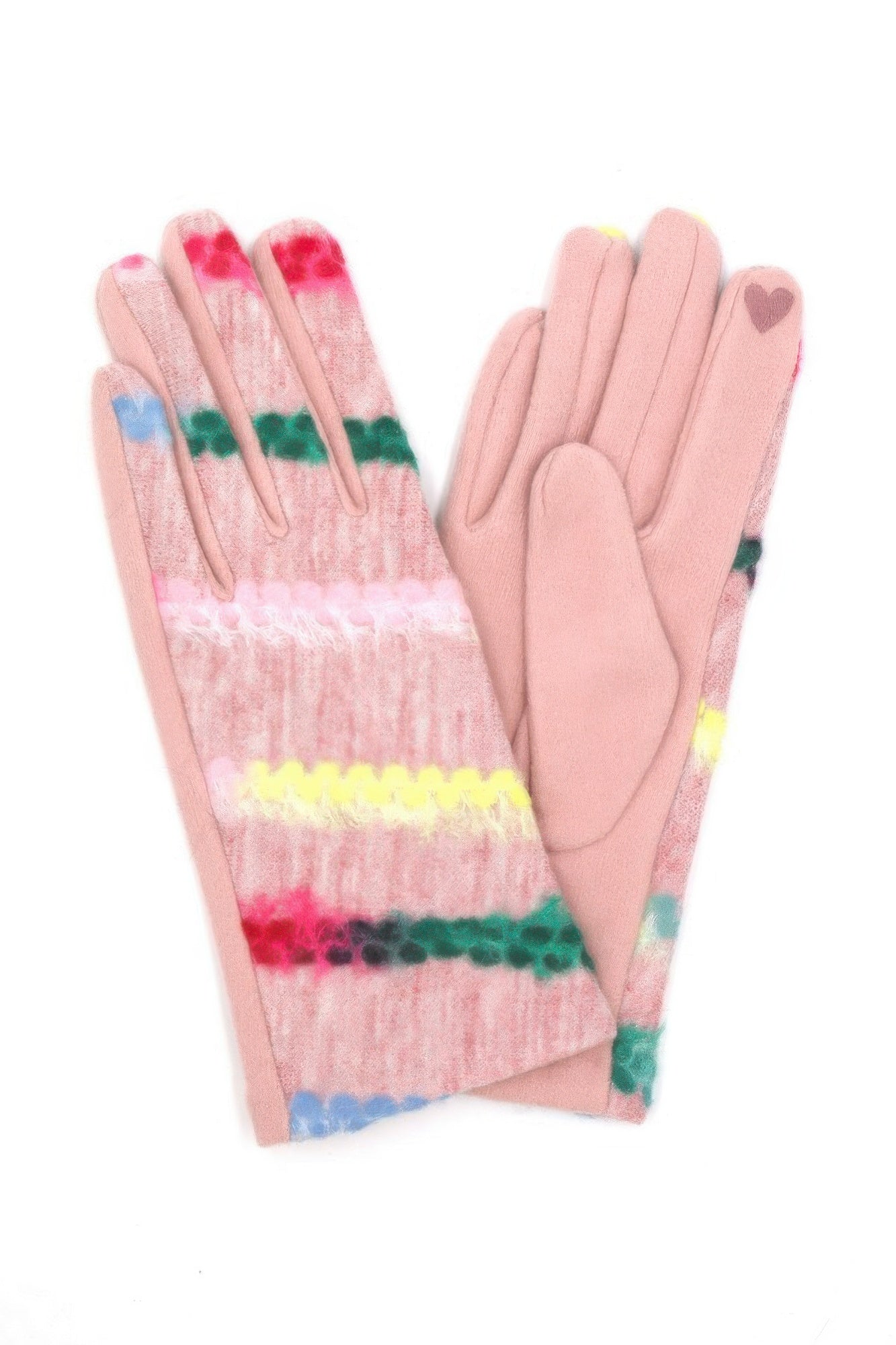 Rosa Strickhandschuhe mit buntem Zickzack- und Streifenmuster, Touchscreen