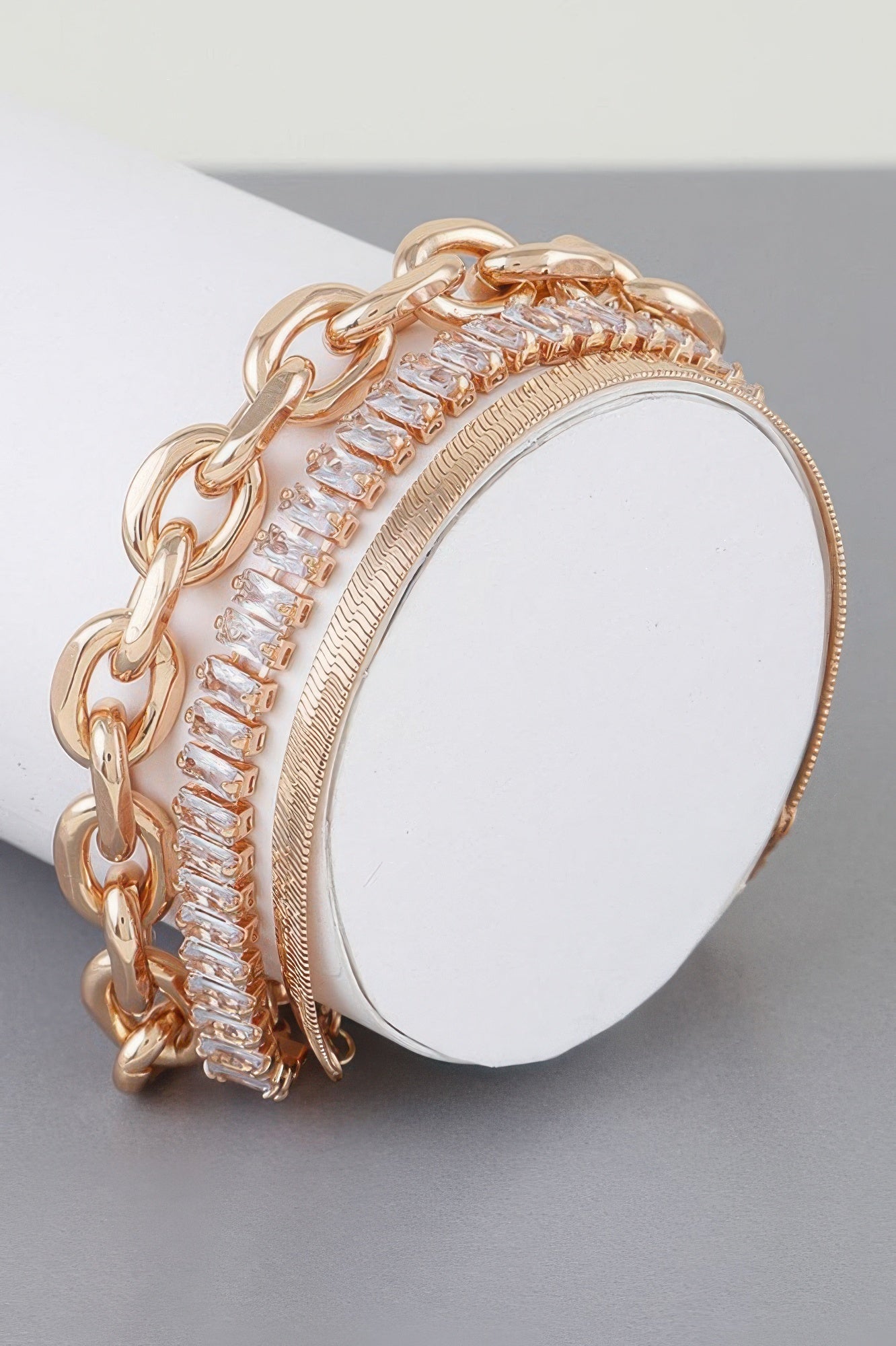 Gold Clear Multi-crystal chain bracelet with baguette stones and link chain