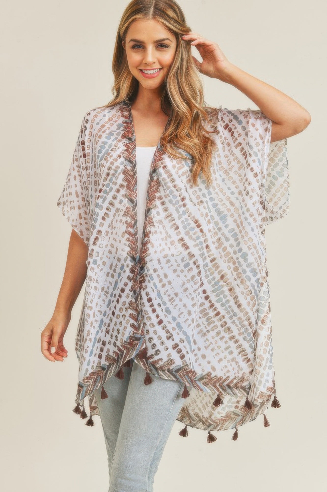 Multi dash pattern tassel kimono, open-front, white base with brown motifs and fringe hem