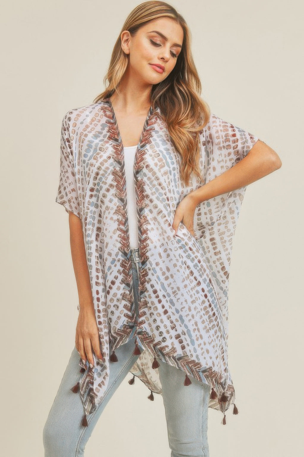 Multi dash pattern tassel kimono, airy drape with brown geometric dashes and tassel trim