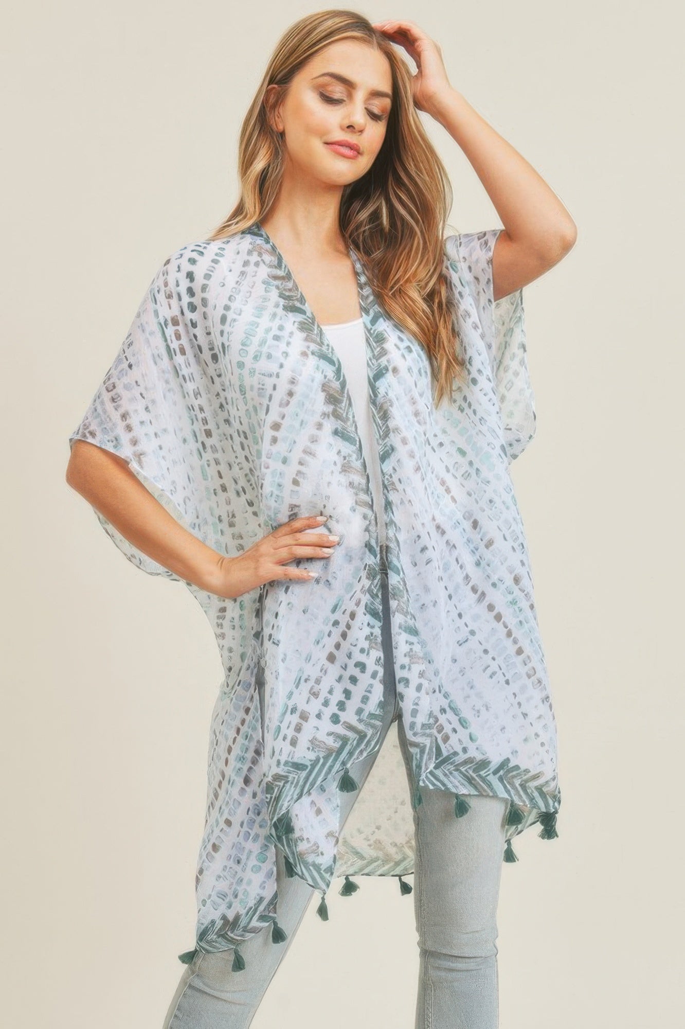 Multi dash pattern tassel kimono, open front, white base with teal motifs and green tassels