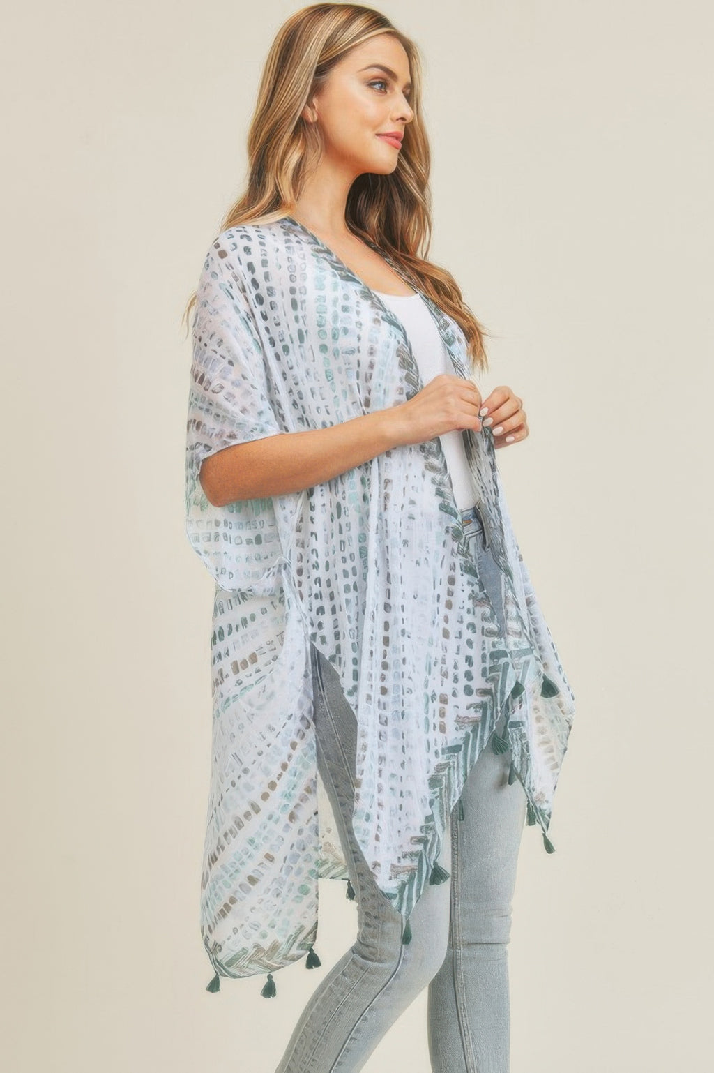 Multi dash pattern tassel kimono, loose fit with green tassel accents and minty print