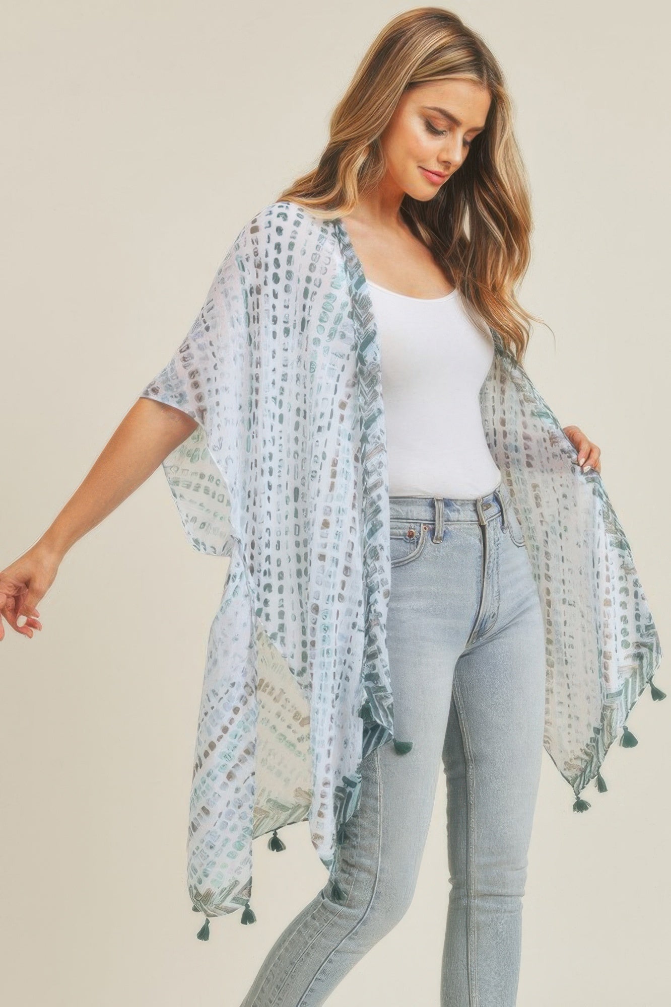 Multi dash pattern tassel kimono with side drape, white with teal dashes and tassel corners