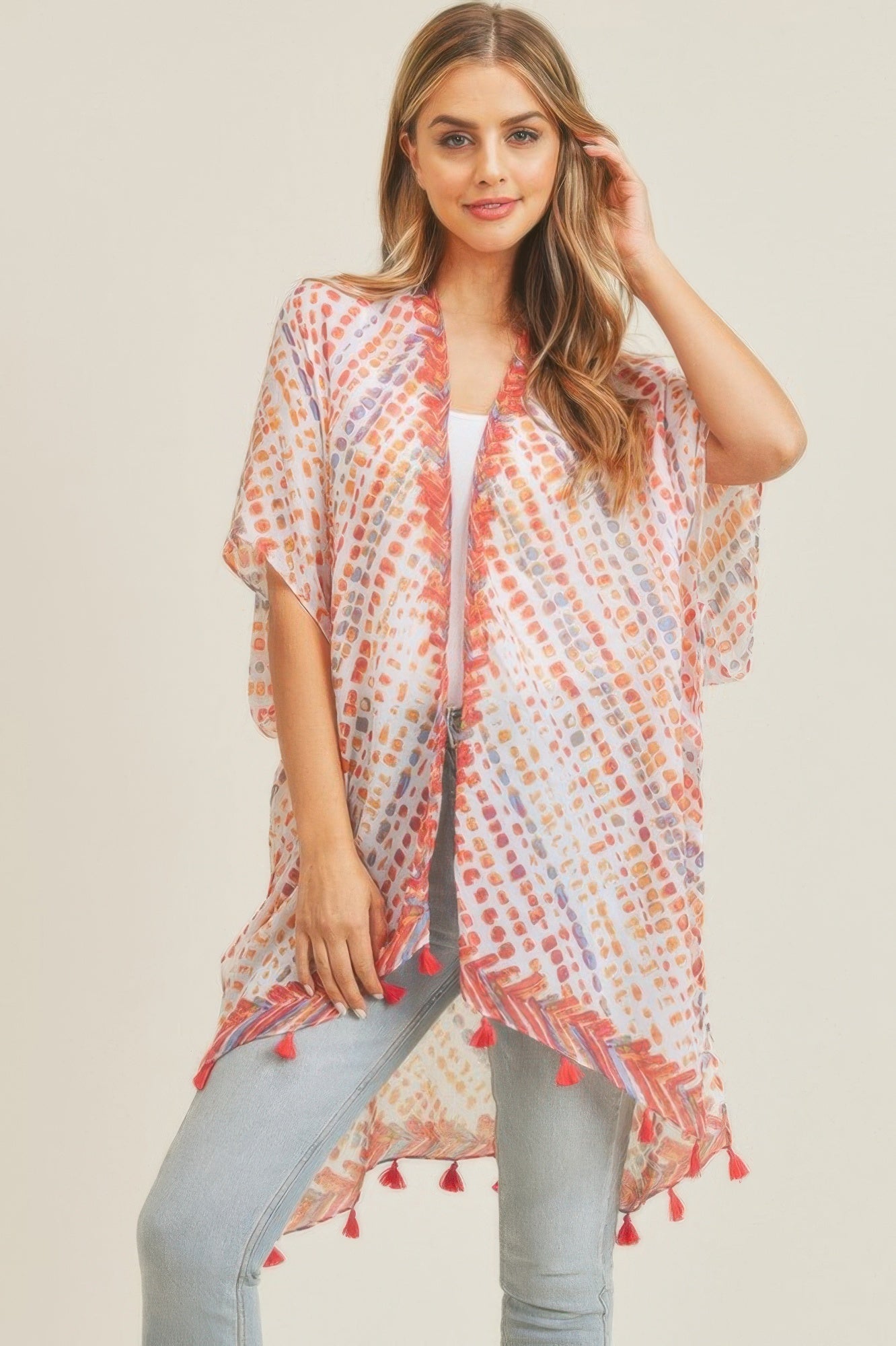 Multi dash pattern tassel kimono, red-and-blue motifs on light fabric with red tassels