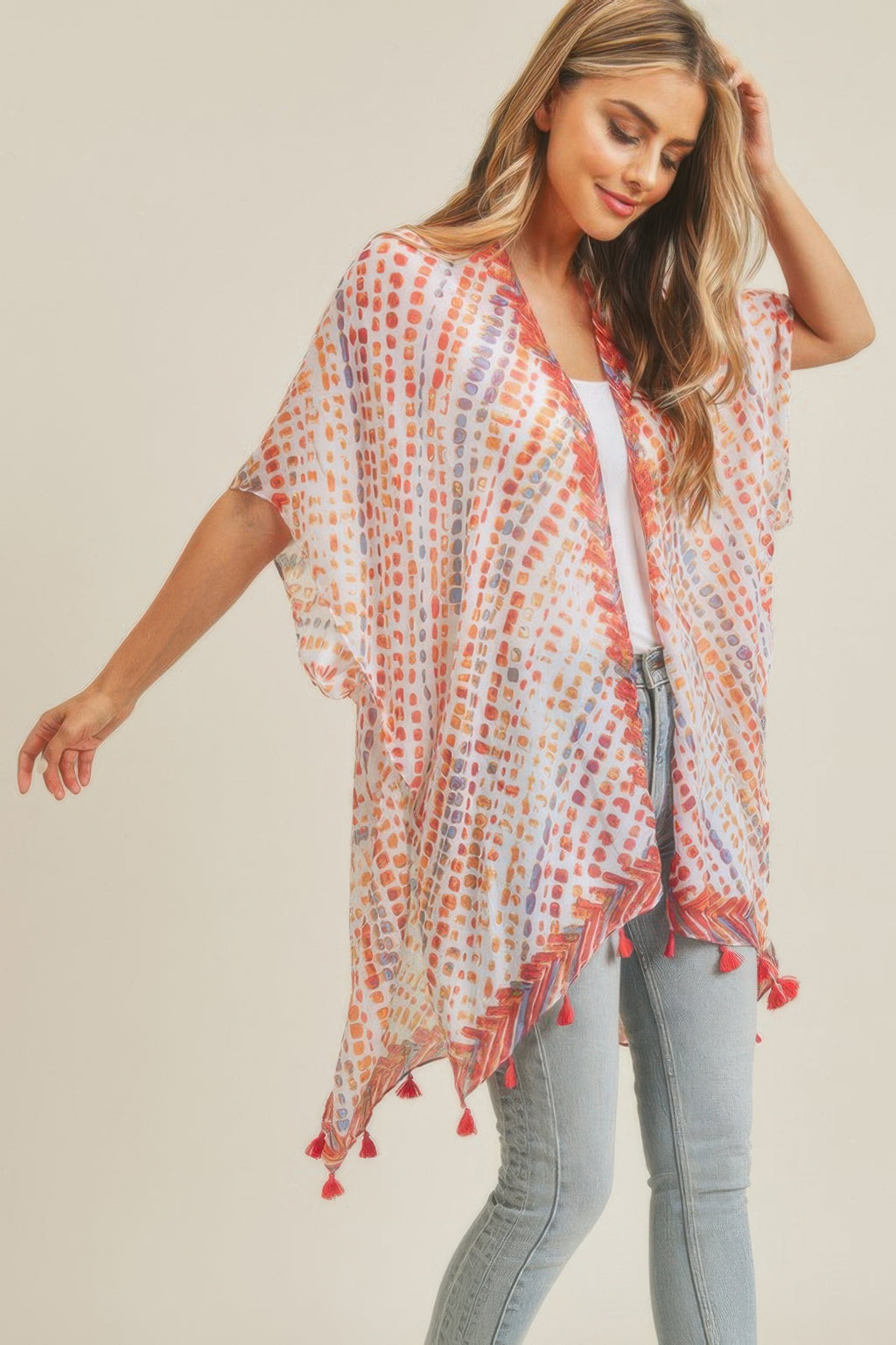 Multi dash pattern tassel kimono, open-front style with red tassel fringe and dash print