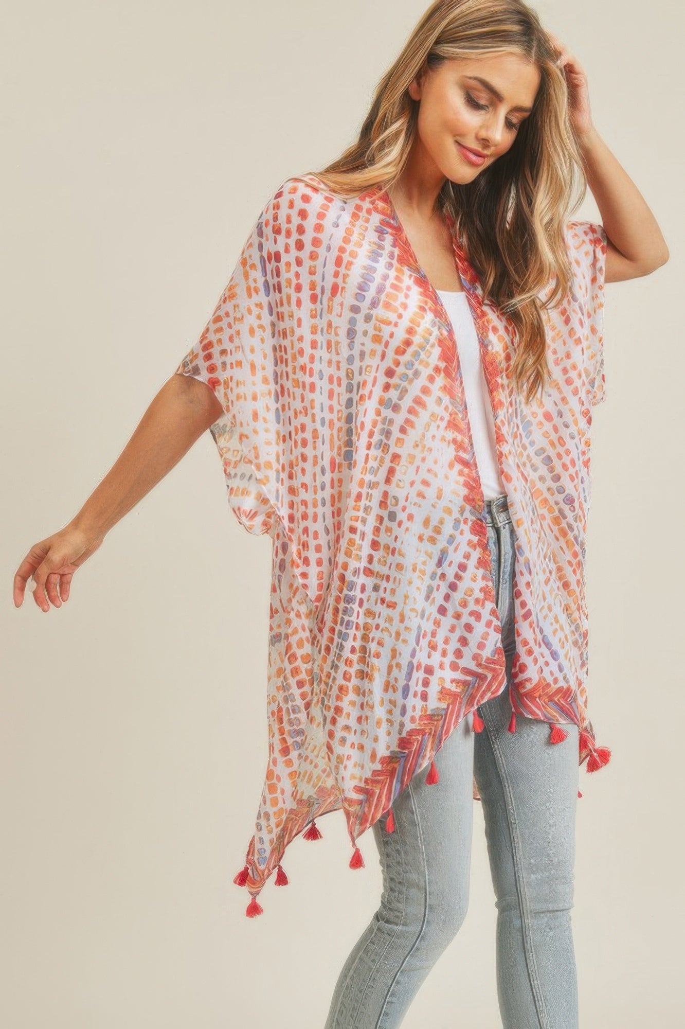 Multi dash pattern tassel kimono, open-front style with red tassel fringe and dash print
