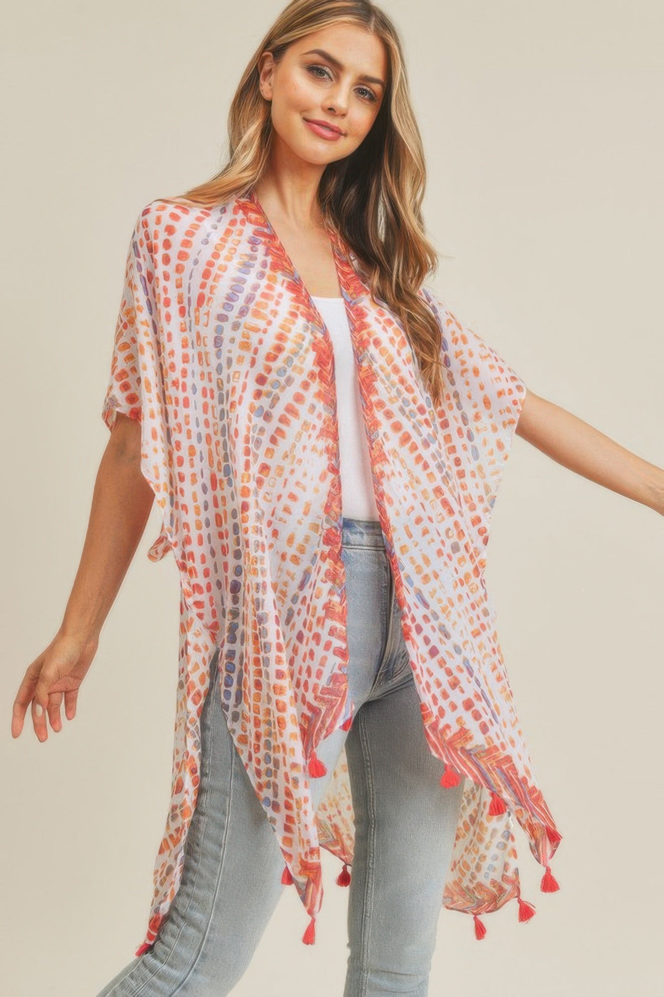 Multi Dash Pattern Tassel Kimono in white with red-orange dash print, open front