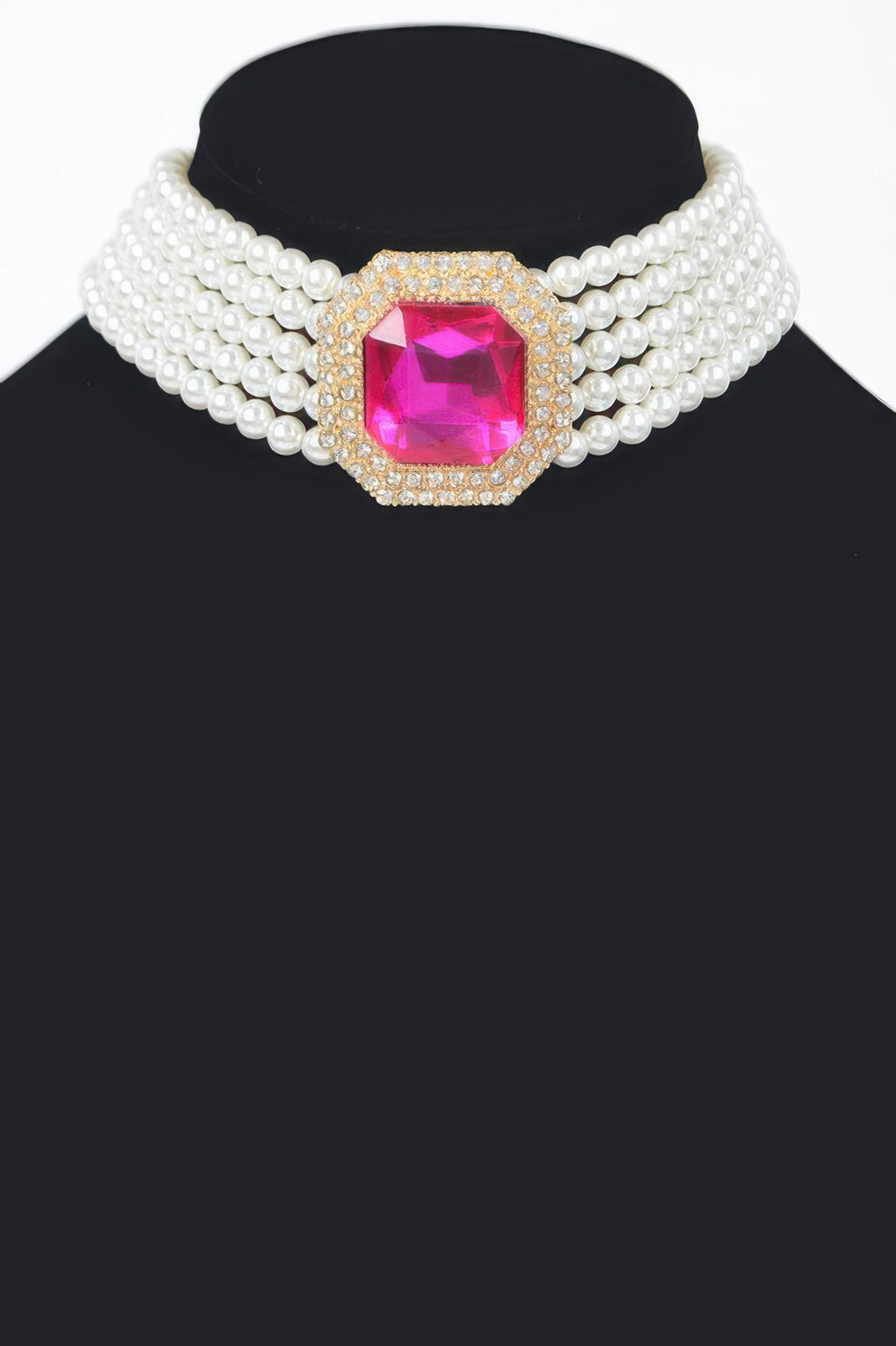 Cream faux pearl multi-row choker with pink gem center and gold-tone frame