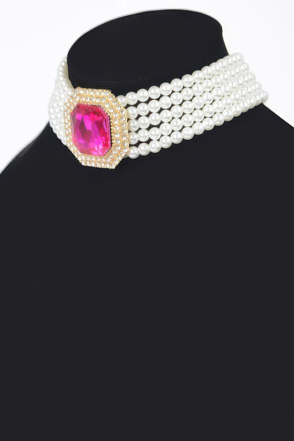 Cream faux pearl choker with pink faceted gem set in gold-tone square frame