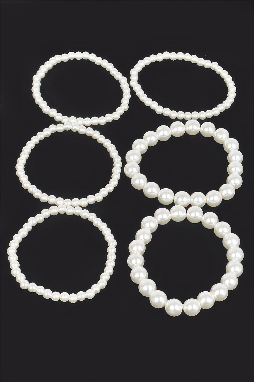 Cream faux pearl stretch bracelets, multiple loop styles with round pearl beads