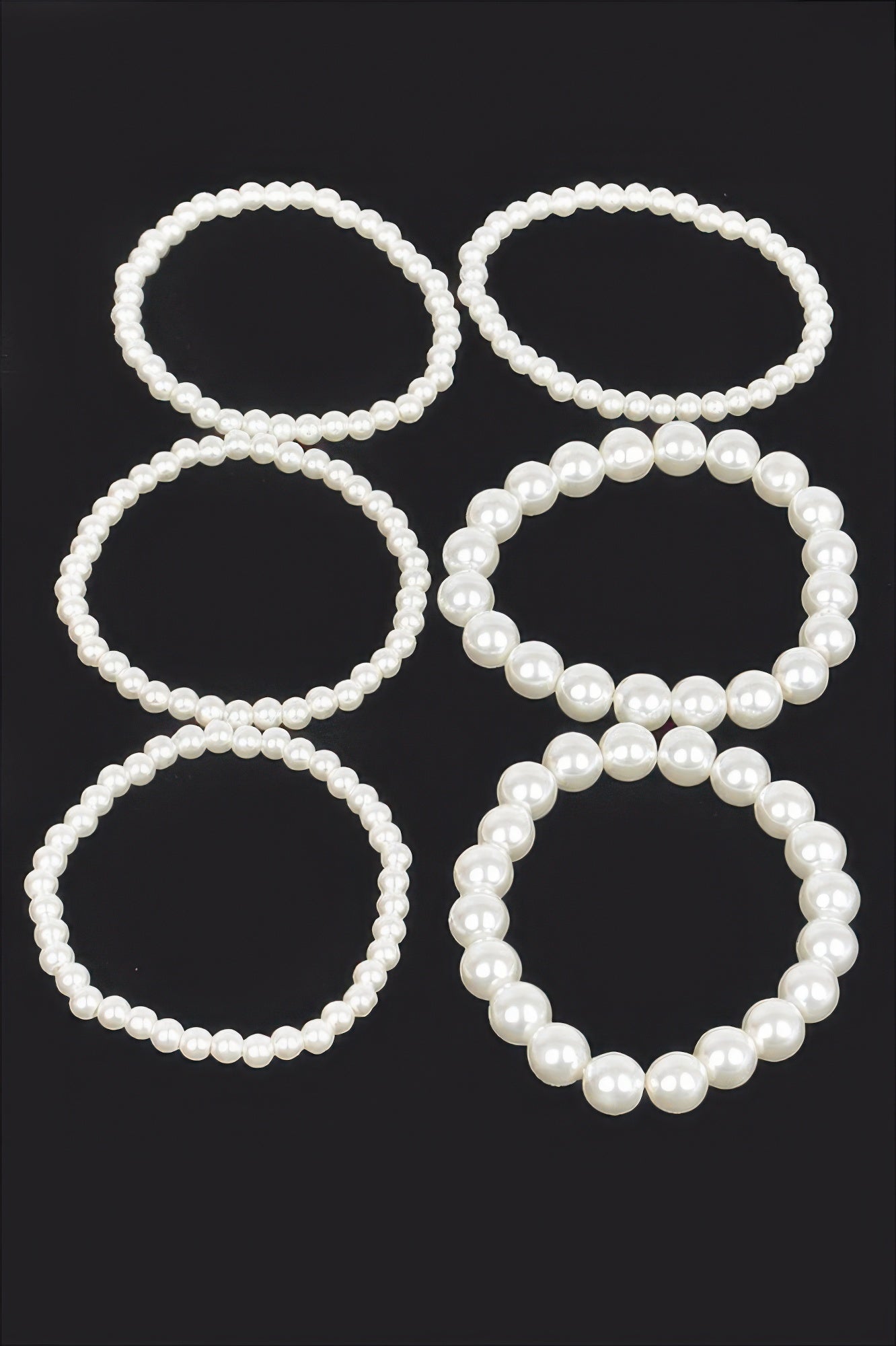 Cream faux pearl stretch bracelets, multiple loop styles with round pearl beads
