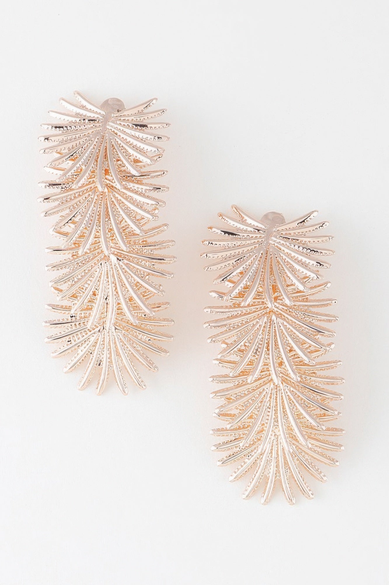 Gold multi-flare leaf drop earrings, pair with layered fan-like leaves